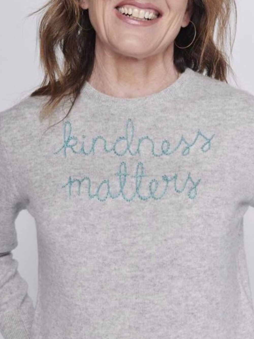 Lingua Franca Cashmere Smoke Grey Teal Kindness Matters Crewneck Sweater M